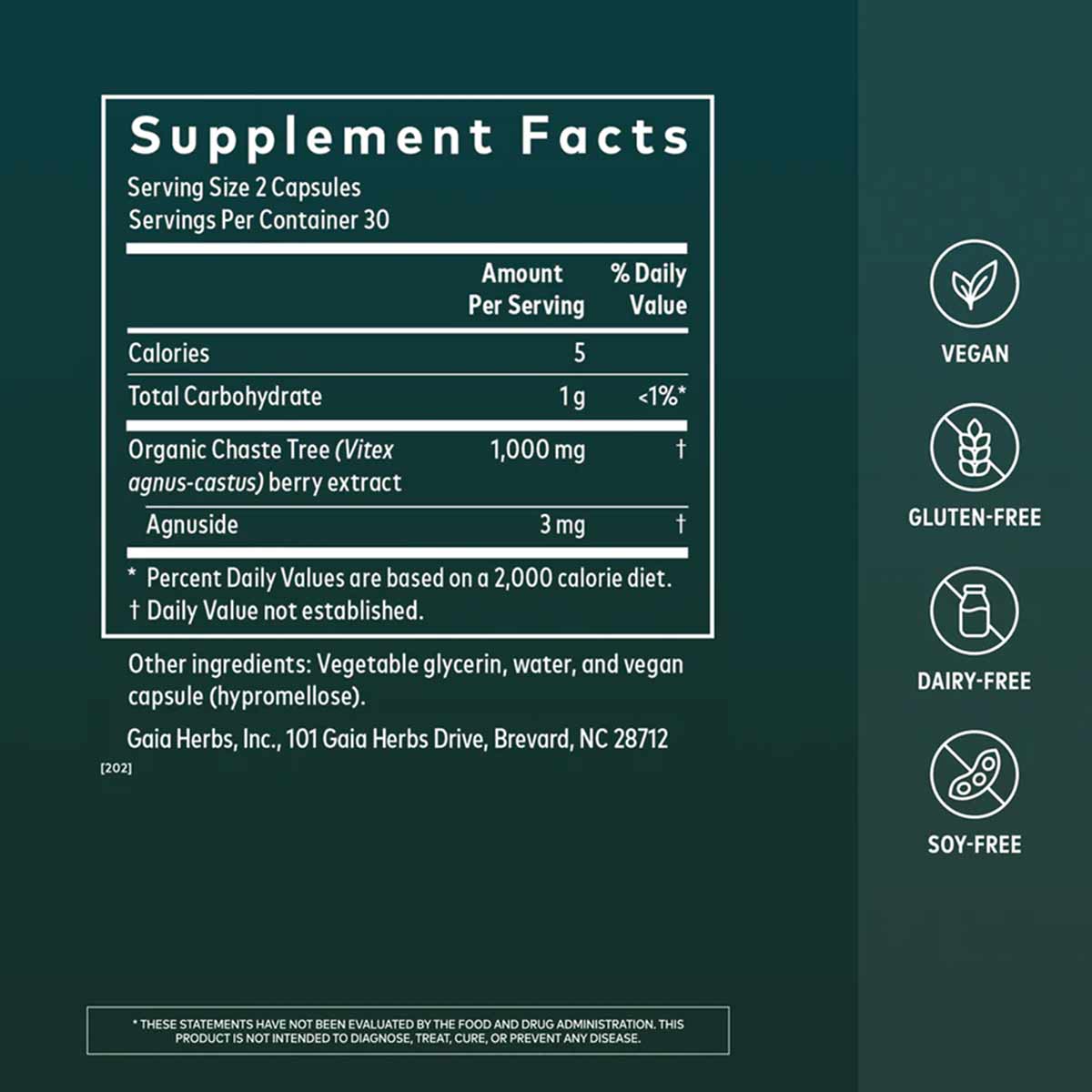 Supplement Facts label for Vitex Berry capsules showing dosage, ingredients, and allergen-free certifications on teal backgro