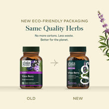 Two Gaia Herbs Vitex Berry bottles displaying old green label and new dark label packaging side by side.