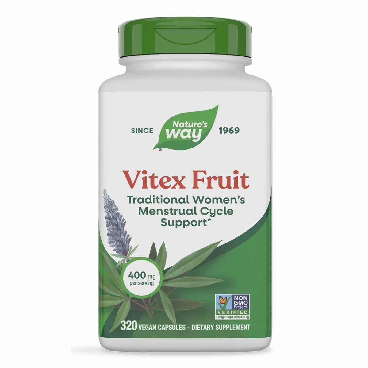 White and green supplement bottle containing 320 vegan capsules of Vitex Fruit by Nature's Way, 400 mg per serving.