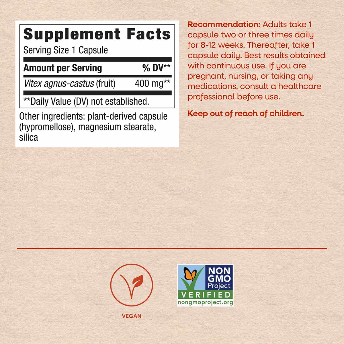 Supplement Facts label for Vitex Fruit capsules showing 400mg Vitex agnus-castus per serving with vegan and Non-GMO Project V