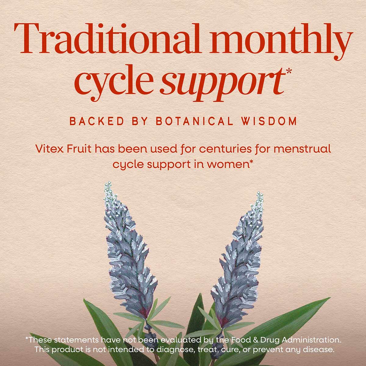 Blue-purple vitex flower spikes with green leaves on beige background with red text describing traditional cycle support.