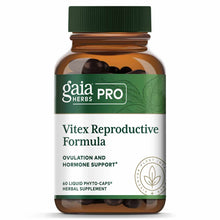 Gaia Herbs Pro Vitex Reproductive Formula bottle with green cap containing 60 dark liquid phyto-caps.
