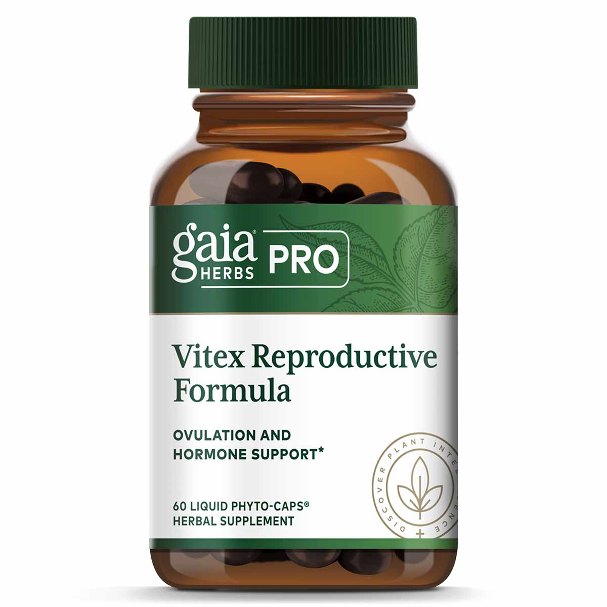 Gaia Herbs Pro Vitex Reproductive Formula bottle with green cap containing 60 dark liquid phyto-caps.