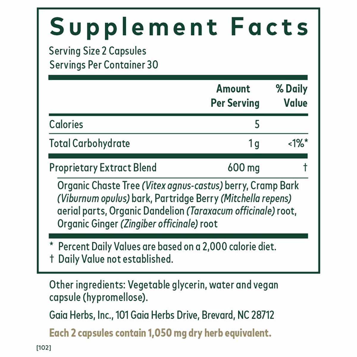 Supplement Facts label for Vitex Reproductive Formula showing serving size, nutritional information, and herbal ingredient bl