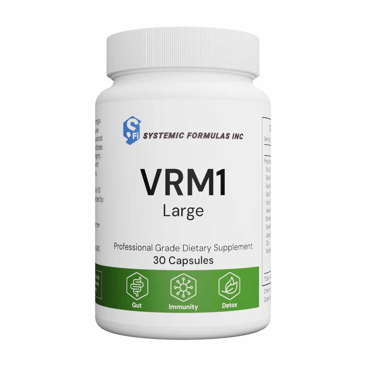 White bottle of VRM1 Large dietary supplement by Systemic Formulas containing 30 capsules with green label band.