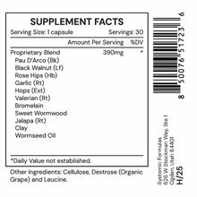 Supplement Facts label for VRM1 by Systemic Formulas showing 30 capsules with proprietary blend ingredients including Pau D'A