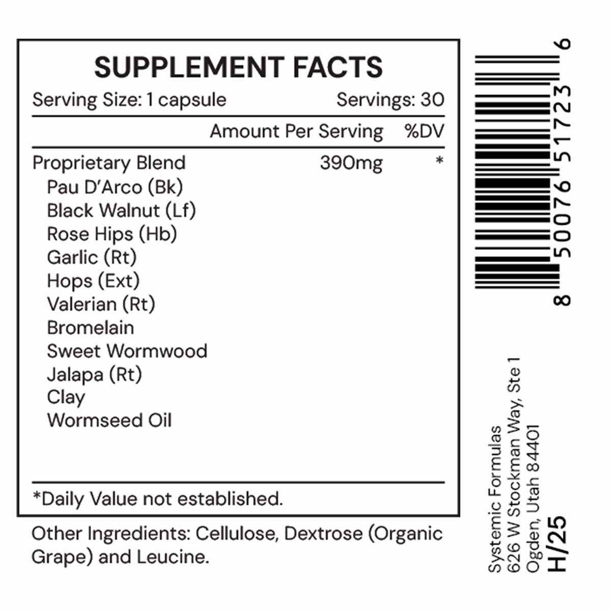 Supplement Facts label for VRM1 by Systemic Formulas showing 30 capsules with proprietary blend ingredients including Pau D'A
