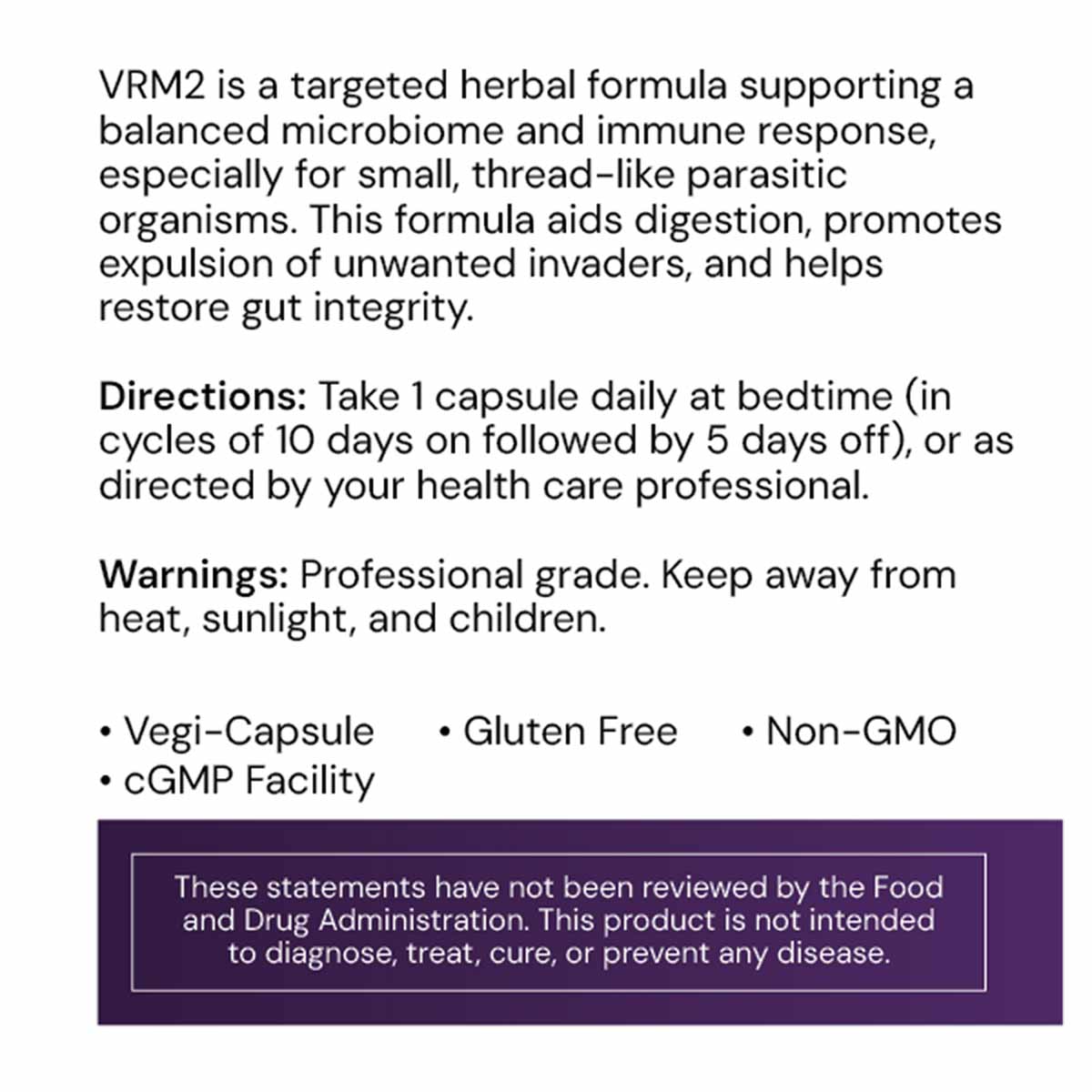 VRM2 Small supplement bottle containing 30 vegetarian capsules by Systemic Formulas with product information and FDA disclaim