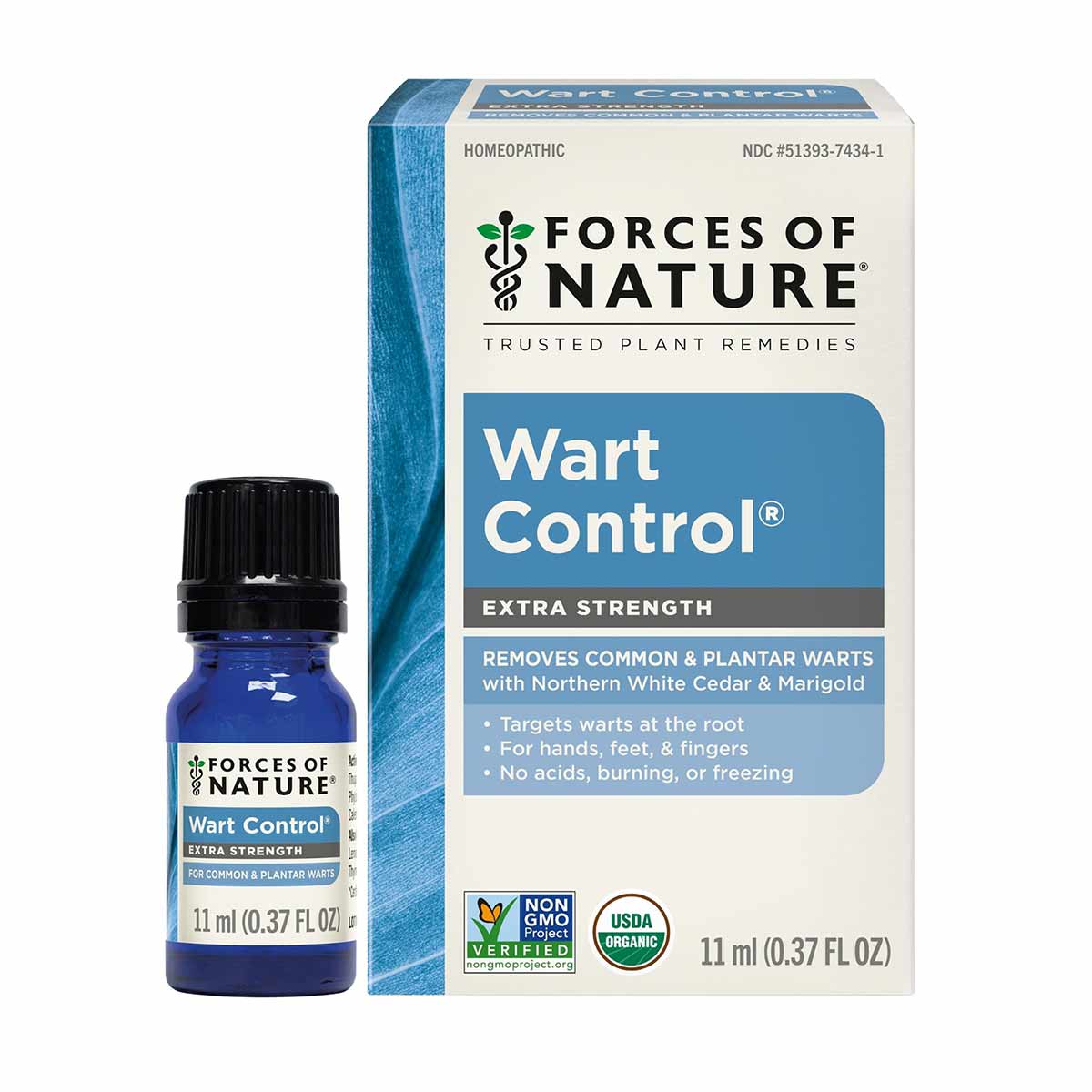Blue glass bottle with black cap next to white and blue cardboard box for Forces of Nature Wart Control Extra Strength.