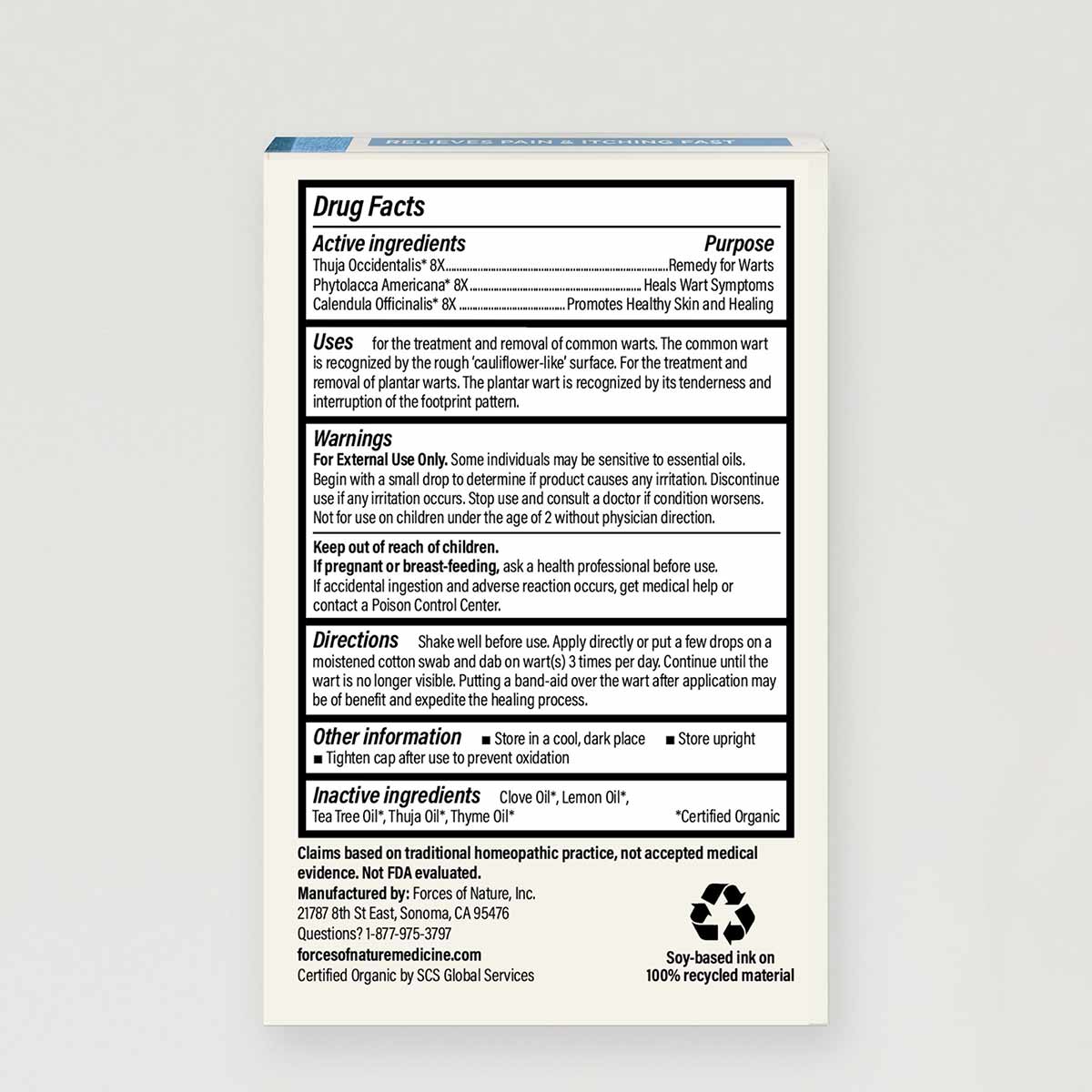 White box packaging for Forces of Nature Wart Control Extra Strength displaying drug facts, ingredients, warnings, and direct