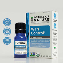 Dark blue glass bottle with black cap labeled "Wart Control Extra Strength" next to white and blue product box, 11ml size.