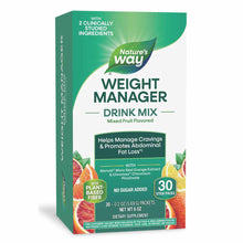 Nature's Way Weight Manager Drink Mix box in green and white with mixed fruit imagery and 30 stick packets visible.