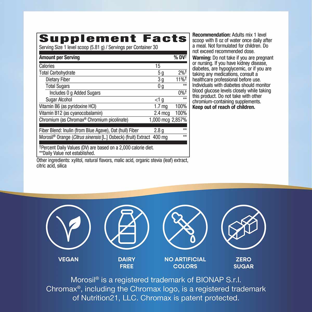 Supplement Facts label for Weight Manager powder showing nutritional information, ingredients, and vegan, dairy-free, no arti