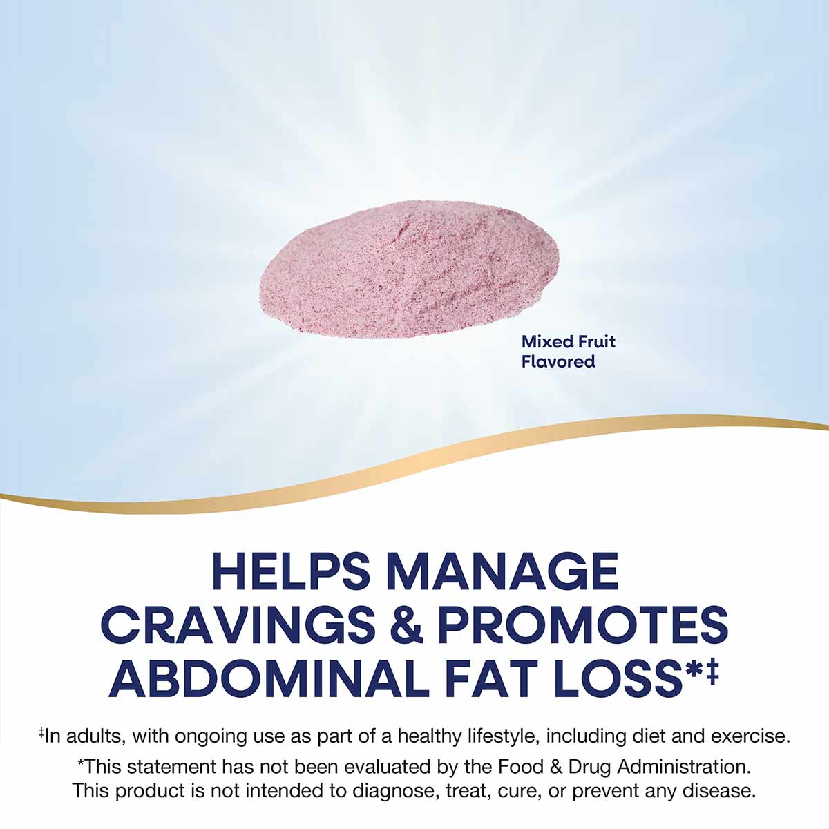 Pink powder supplement with mixed fruit flavor in a mound against a light background.