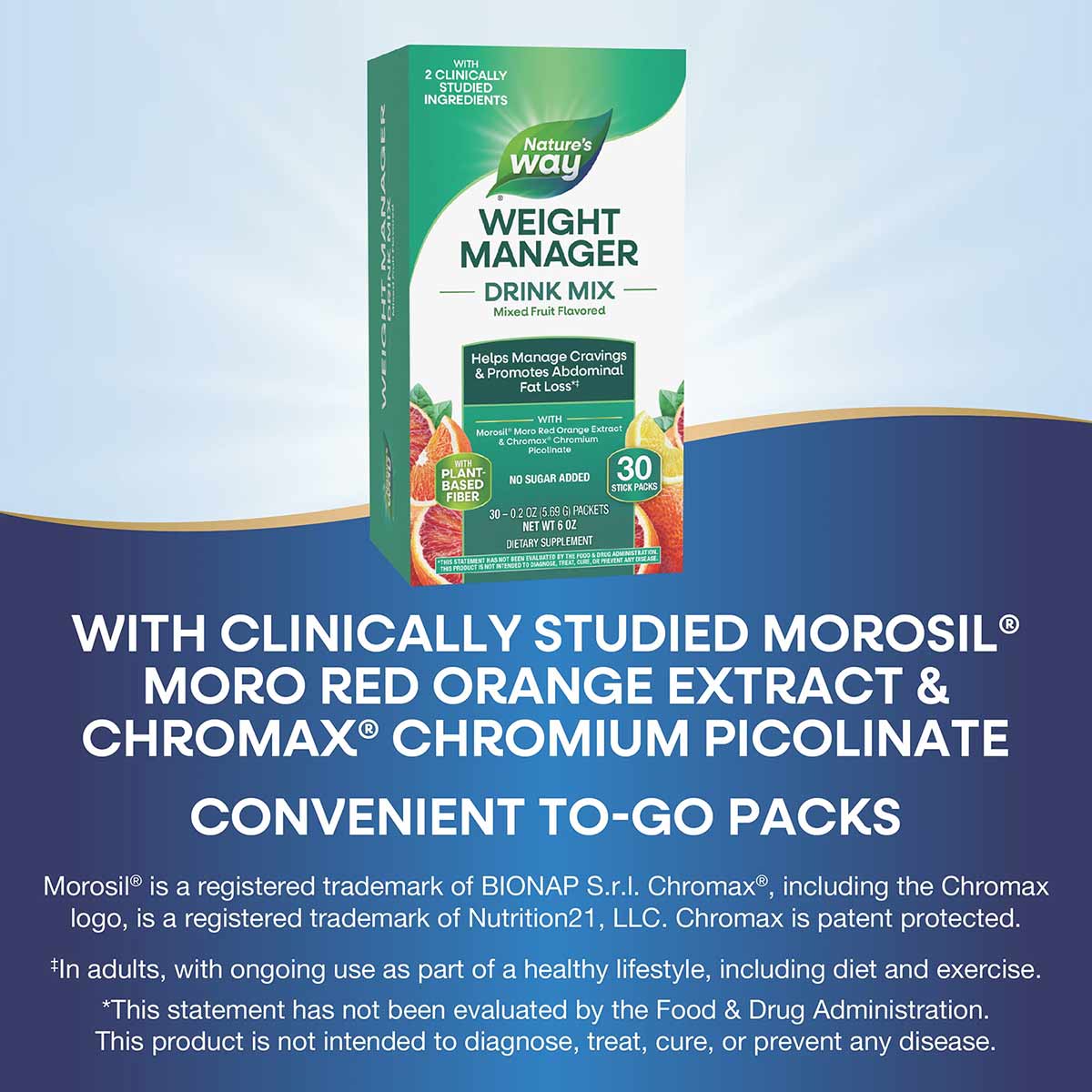Nature's Way Weight Manager drink mix box in green packaging with mixed fruit flavor, 30 stick packs, no sugar added.