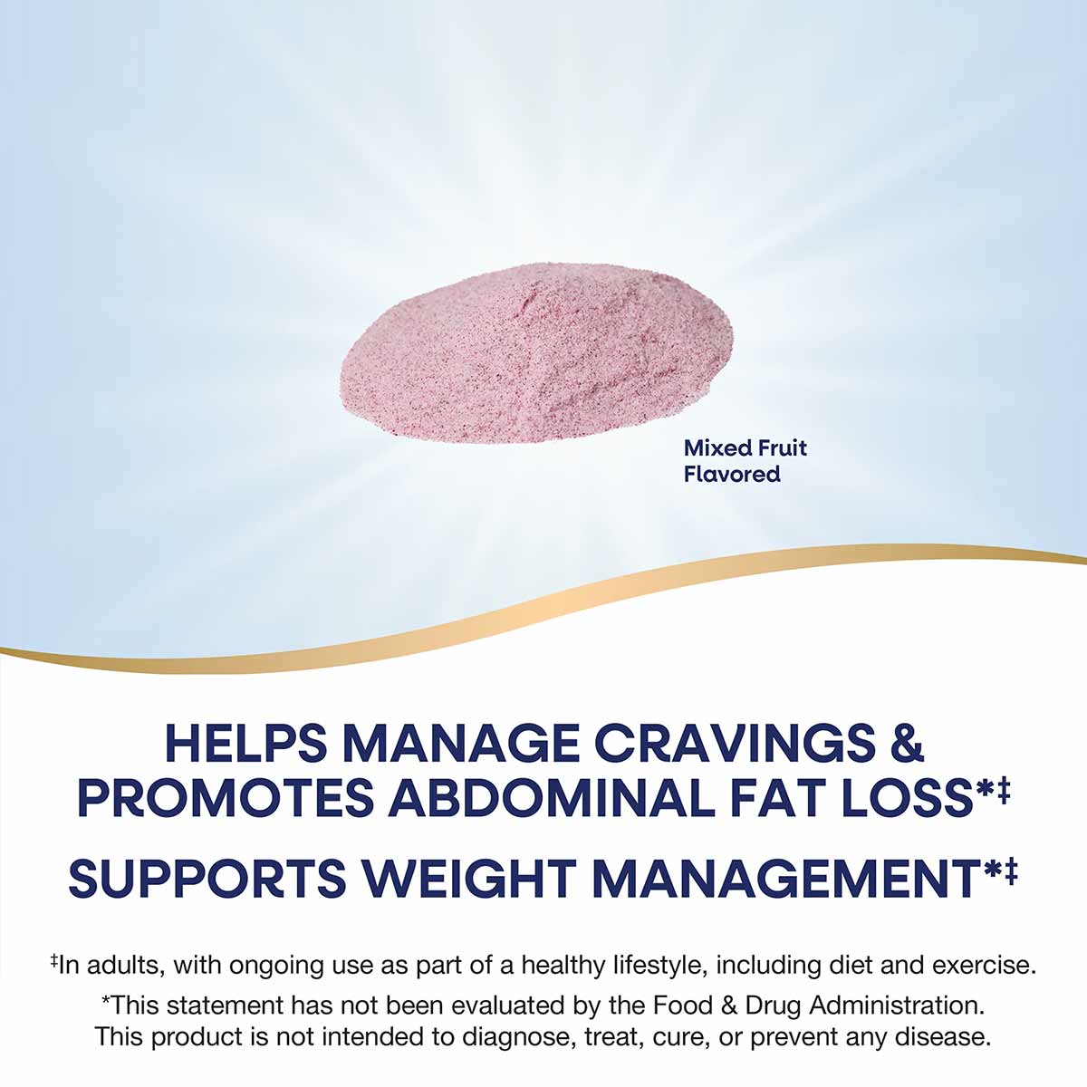 Pink powder supplement with mixed fruit flavor in rounded mound shape against white background.