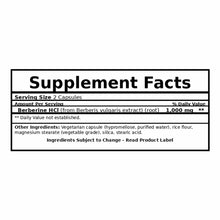 Supplement Facts label for WellBetX Berberine showing 1,000 mg berberine HCl per serving of 2 capsules and ingredient list.