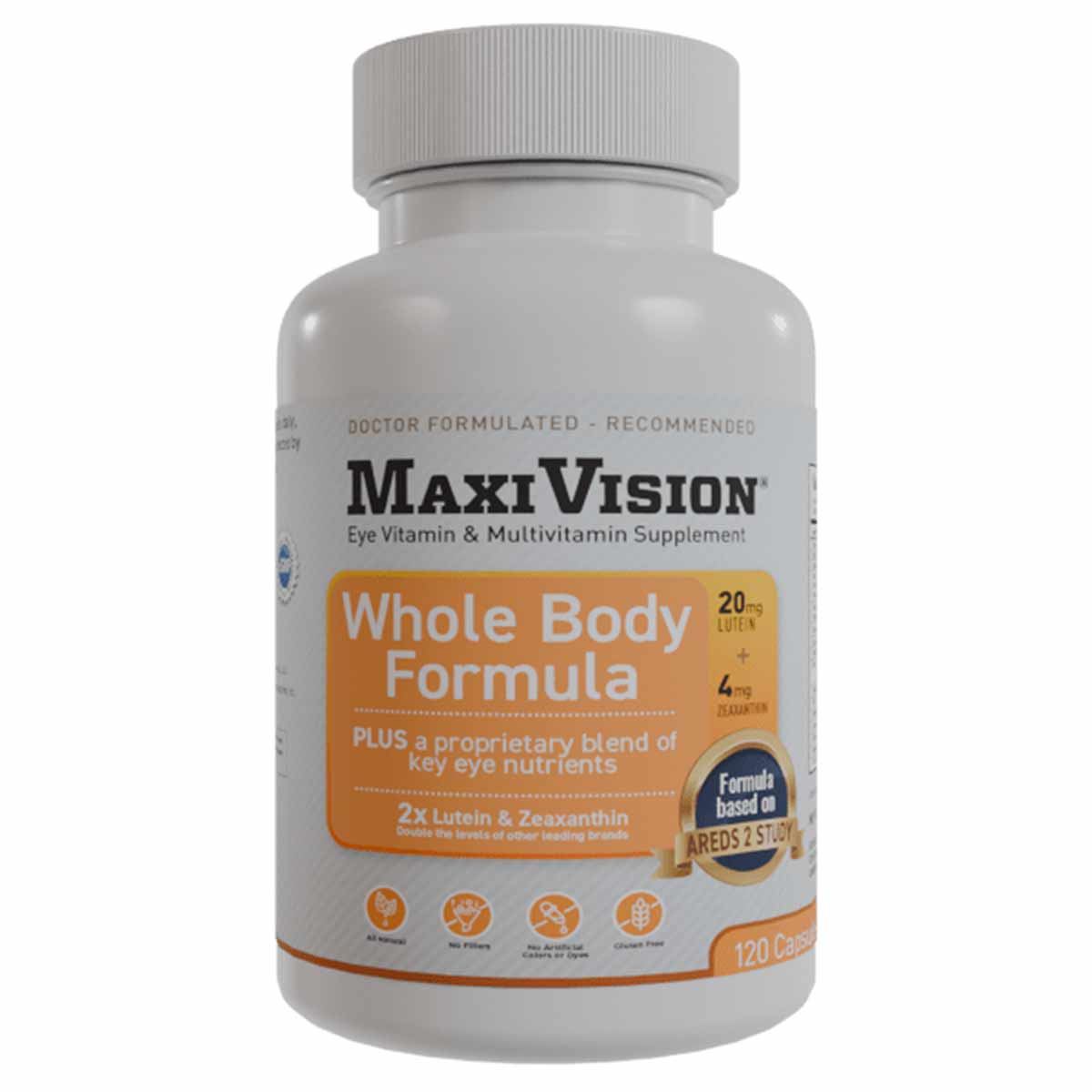 White MaxiVision bottle labeled "Whole Body Formula" eye vitamin and multivitamin supplement containing 120 capsules.
