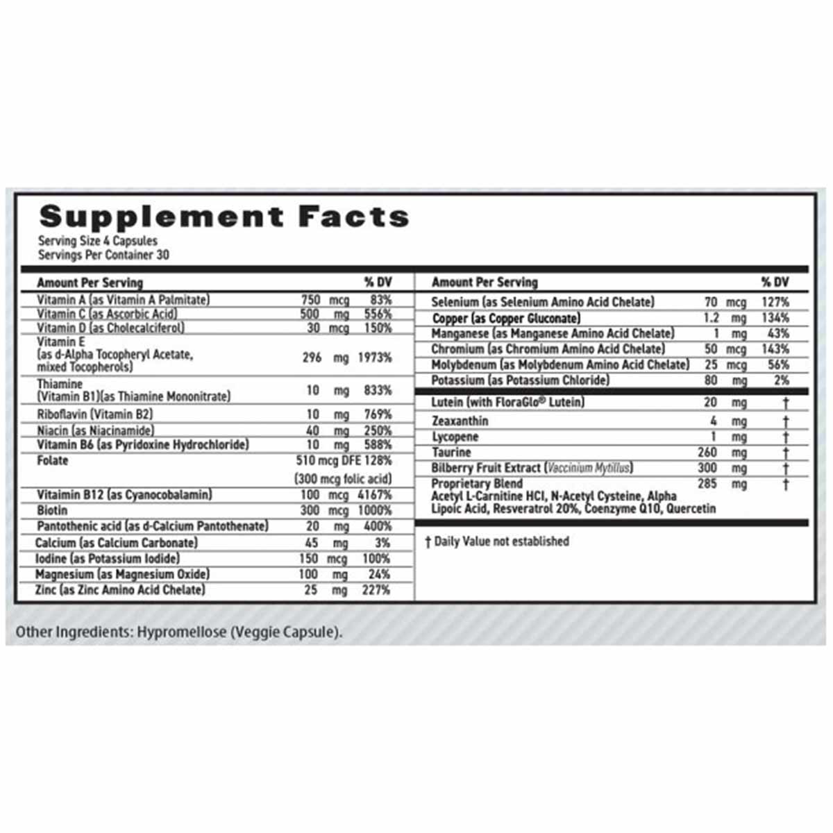 MaxiVision Whole Body Formula supplement facts label showing serving size of 4 capsules with vitamins, minerals, and botanica