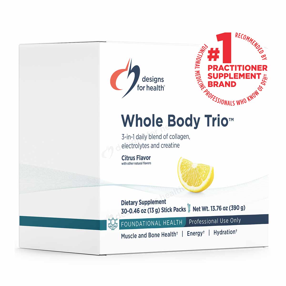 Designs For Health Whole Body Trio dietary supplement box in citrus flavor with 30 stick packs.