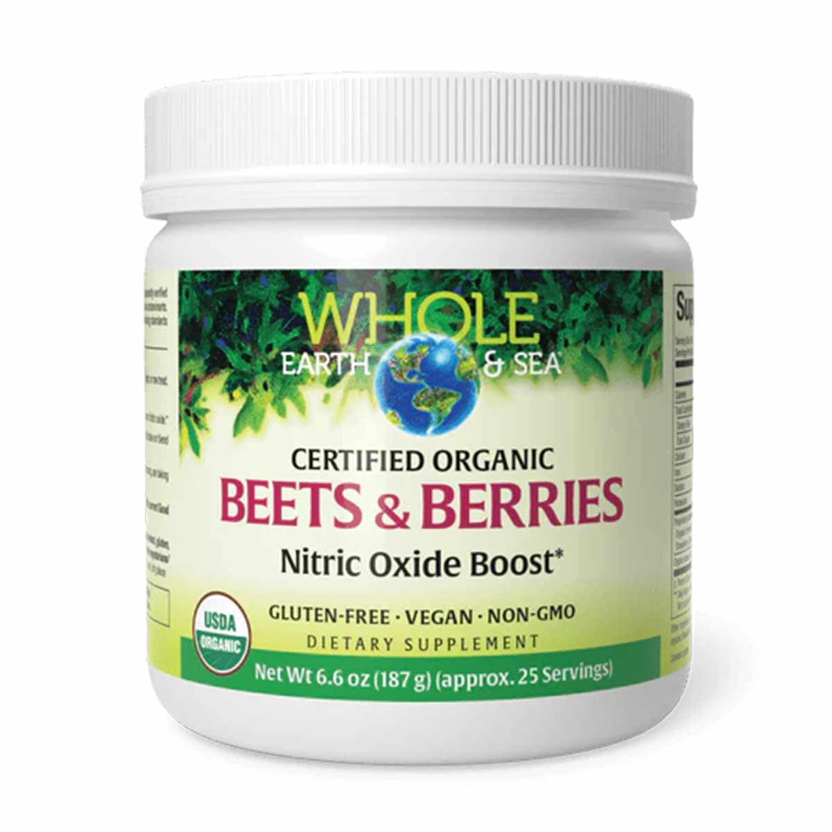 White container of Whole Earth & Sea Certified Organic Beets & Berries powder with green and burgundy label.