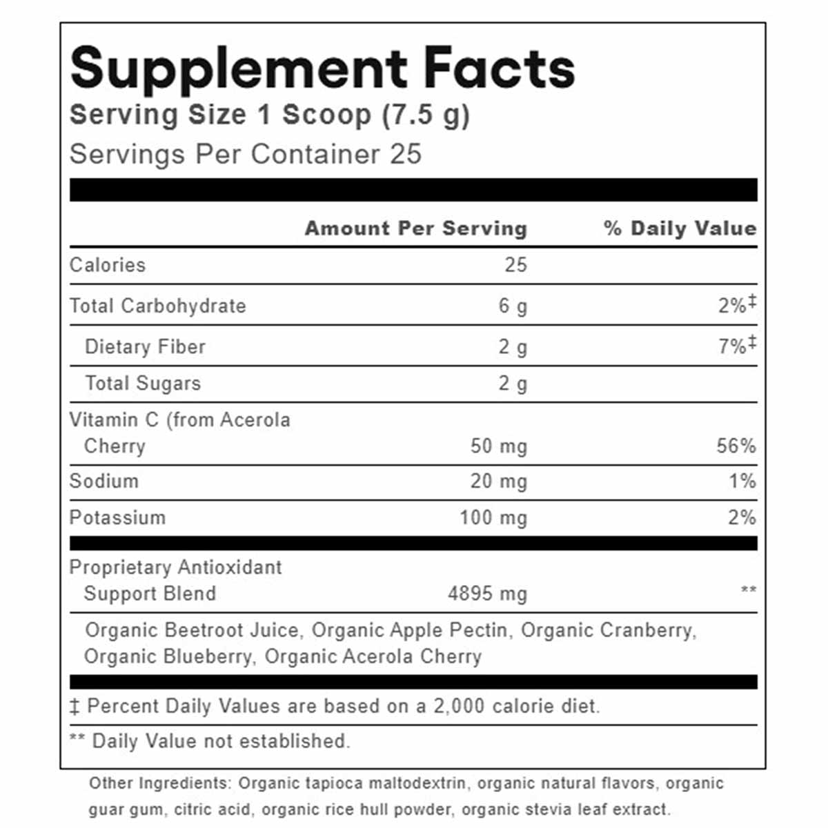 Supplement Facts label showing serving size of 1 scoop, 25 servings per container, with nutritional information including vit