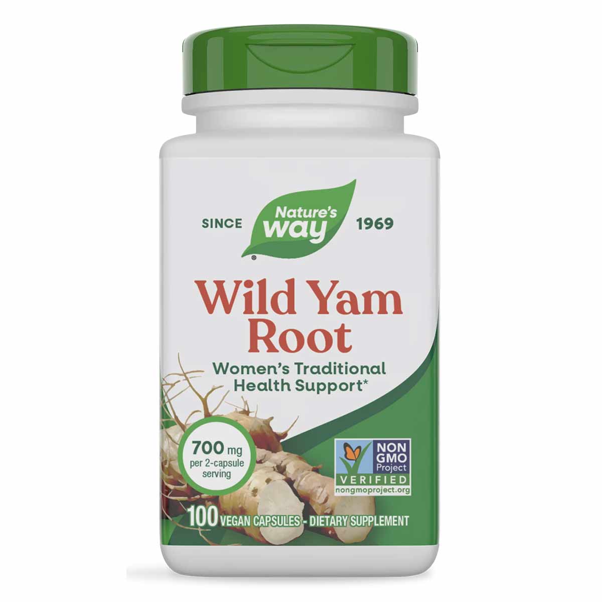 Nature's Way Wild Yam Root supplement bottle with green cap containing 100 vegan capsules at 700 mg per serving.