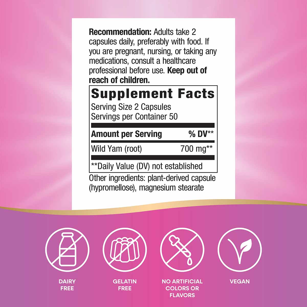 Product label showing wild yam root supplement facts with 700mg per serving, dairy-free, gelatin-free, vegan capsules on pink