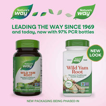 Two Nature's Way Wild Yam Root supplement bottles—dark green glass (old packaging) and white plastic (new packaging)—each con