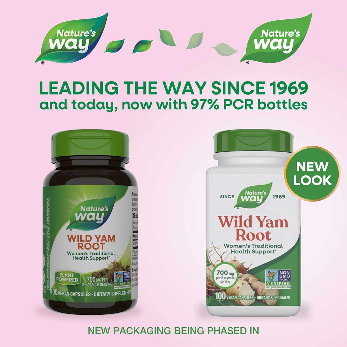 Two Nature's Way Wild Yam Root supplement bottles—dark green glass (old packaging) and white plastic (new packaging)—each con