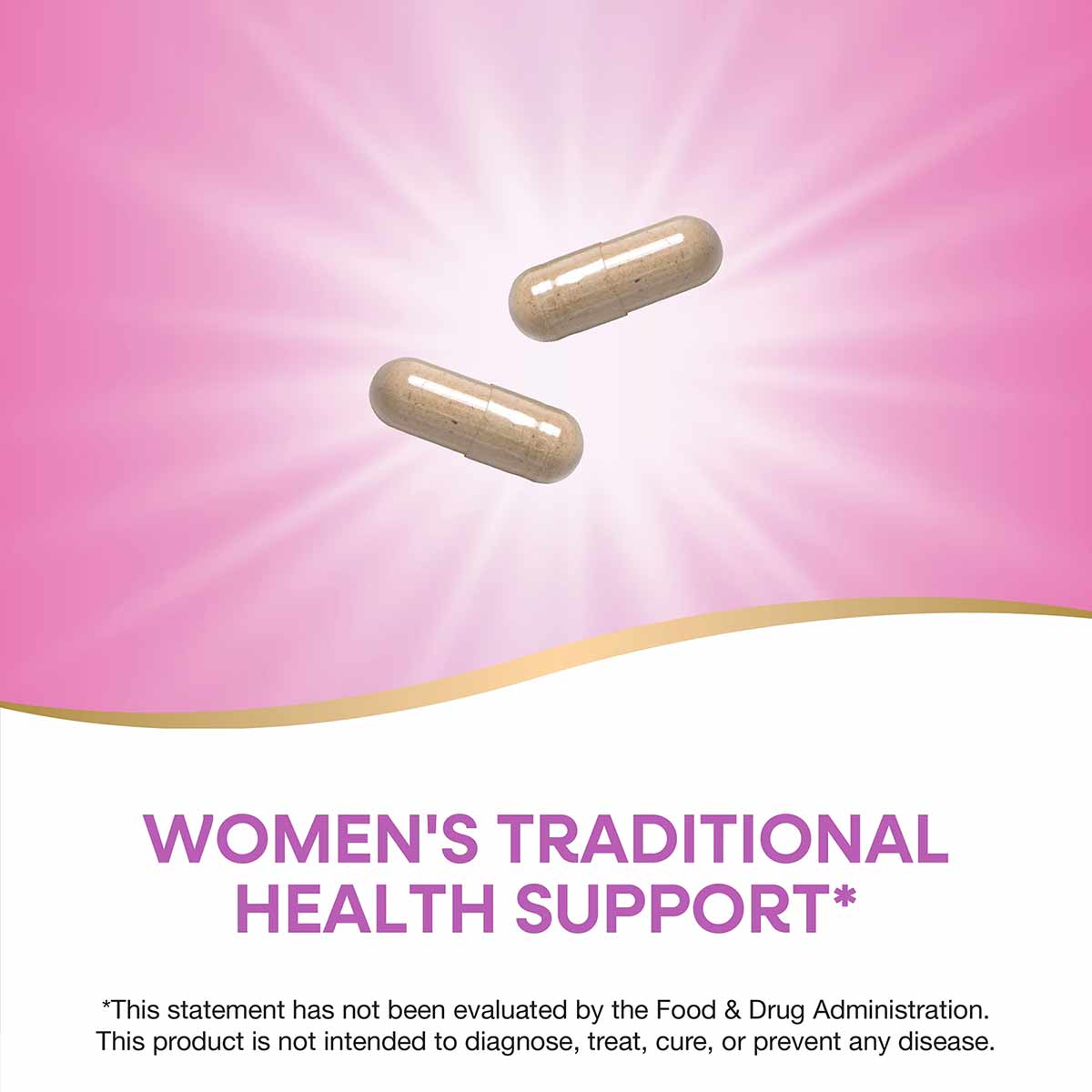 Two tan capsules on pink background with gold wave design and "Women's Traditional Health Support" text below.