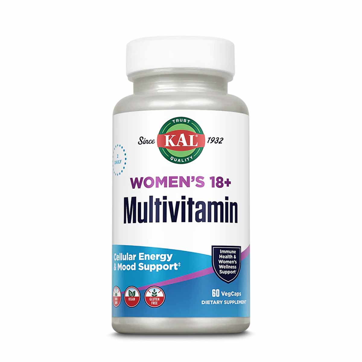 Kal Women's 18+ Multivitamin bottle with white cap containing 60 vegcaps.