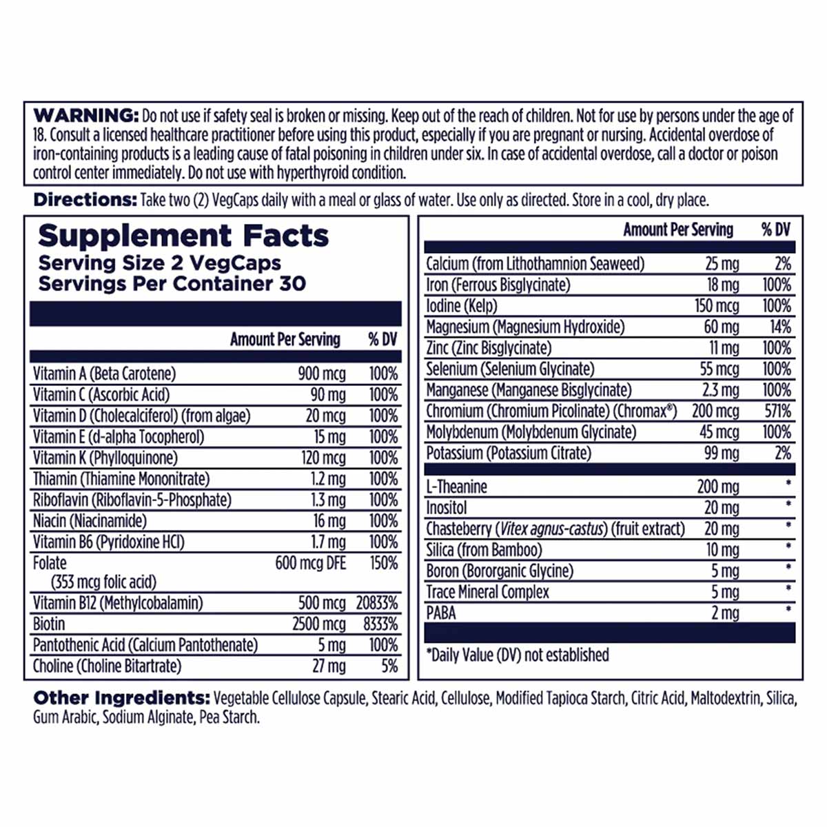 Supplement facts label for women's multivitamin vegcaps showing vitamins, minerals, and serving information.