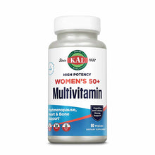 White bottle with white cap containing Kal Women's 50+ Multivitamin dietary supplement with blue label and 60 vegcaps.