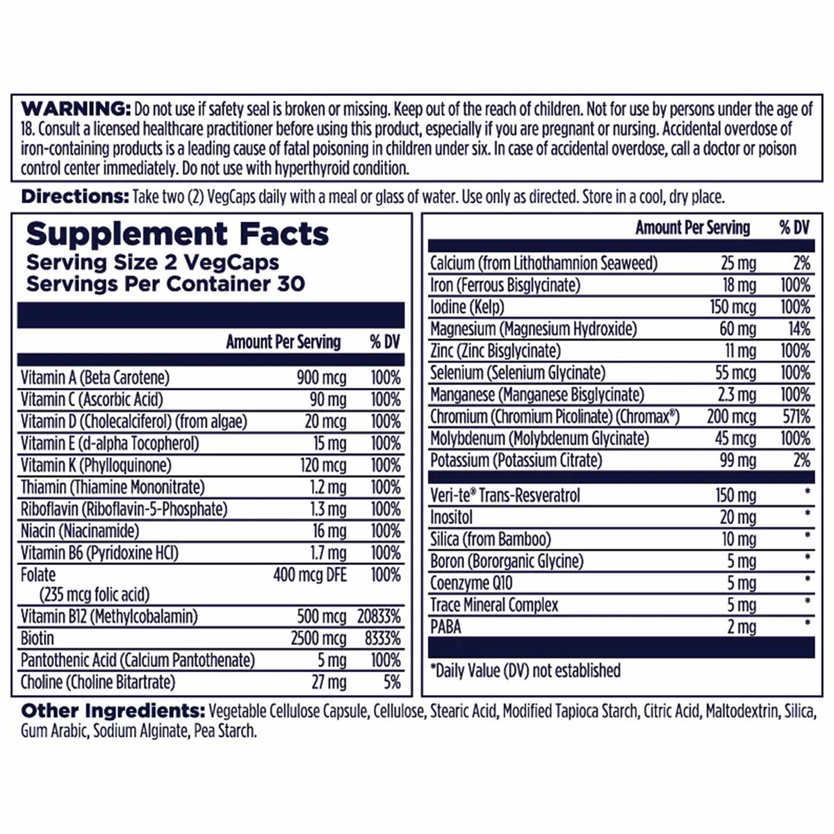 Supplement Facts label for Kal Women 50+ Multivitamin vegcaps showing ingredients, serving size, and daily value percentages.