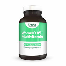 Dark glass bottle with green and white label reading "Women's 45+ Multivitamin" by nhc, containing 90 vegetarian tablets.