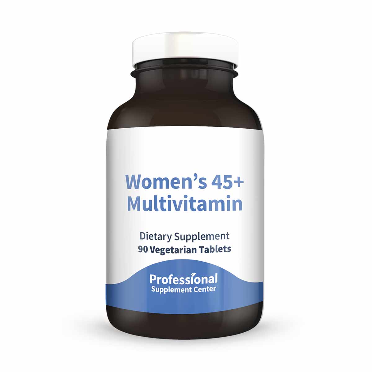 Dark brown bottle with white label reading "Women's 45+ Multivitamin" by Professional Supplement Center, containing 90 vegeta