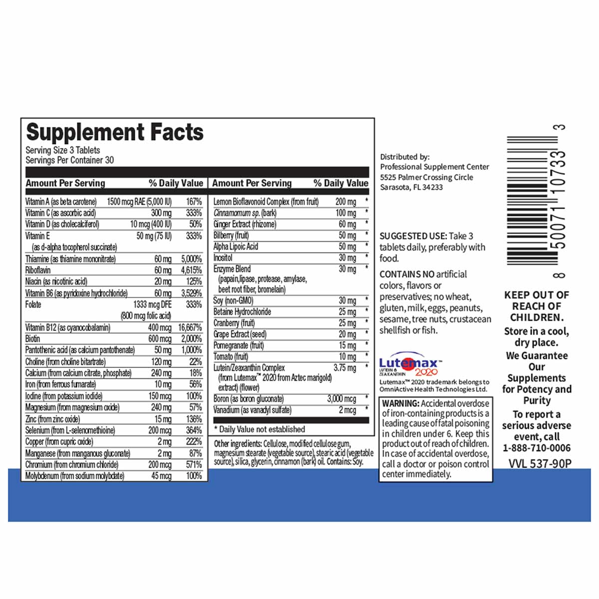 Supplement Facts label for Women's 45+ Multivitamin showing serving size of 3 tablets with 30 servings per container and deta