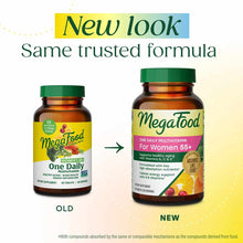 Megafood Women's 55+ One Daily Multivitamin bottles showing old and new label designs side by side.
