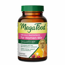 Megafood Women 55+ One Daily Multivitamin bottle with green cap and amber glass container, 60 tablets.