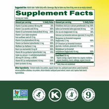 Supplement Facts label for Megafood women's 55+ multivitamin showing daily dosage, ingredients, and certifications.