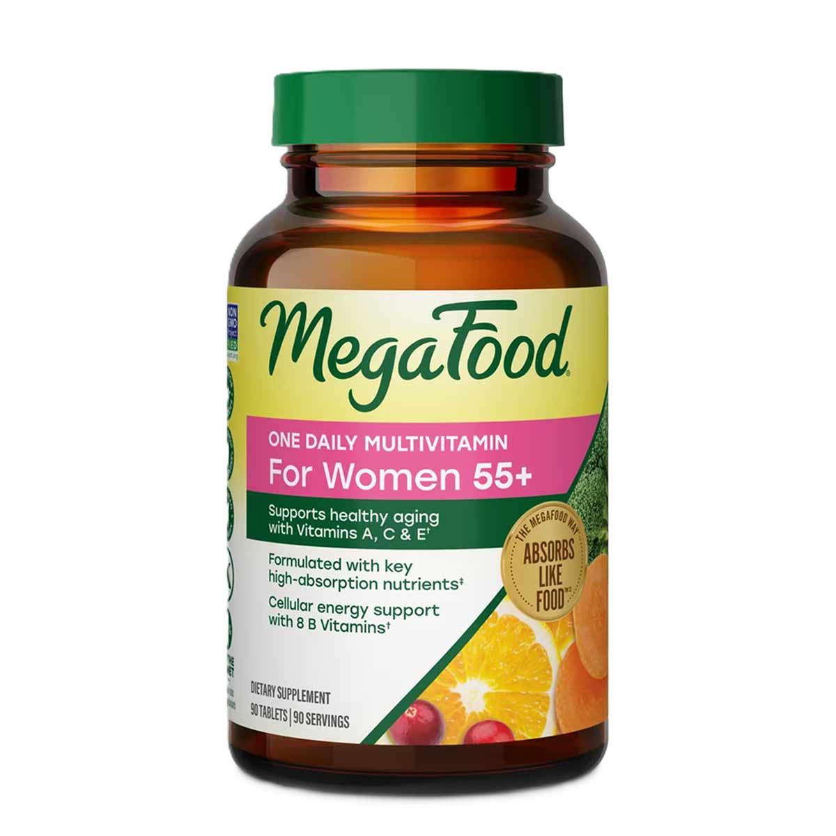 Megafood Women 55+ One Daily Multivitamin bottle with green cap, amber glass container, and yellow label with fruit imagery.