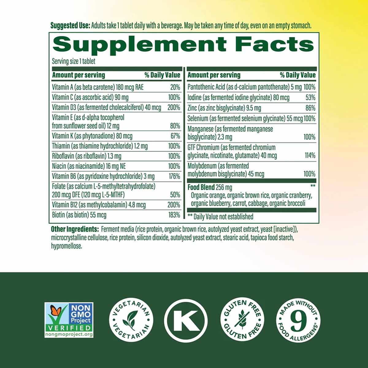 Supplement facts label for Megafood Women's 55+ One Daily Multivitamin tablet with nutritional information and certification 