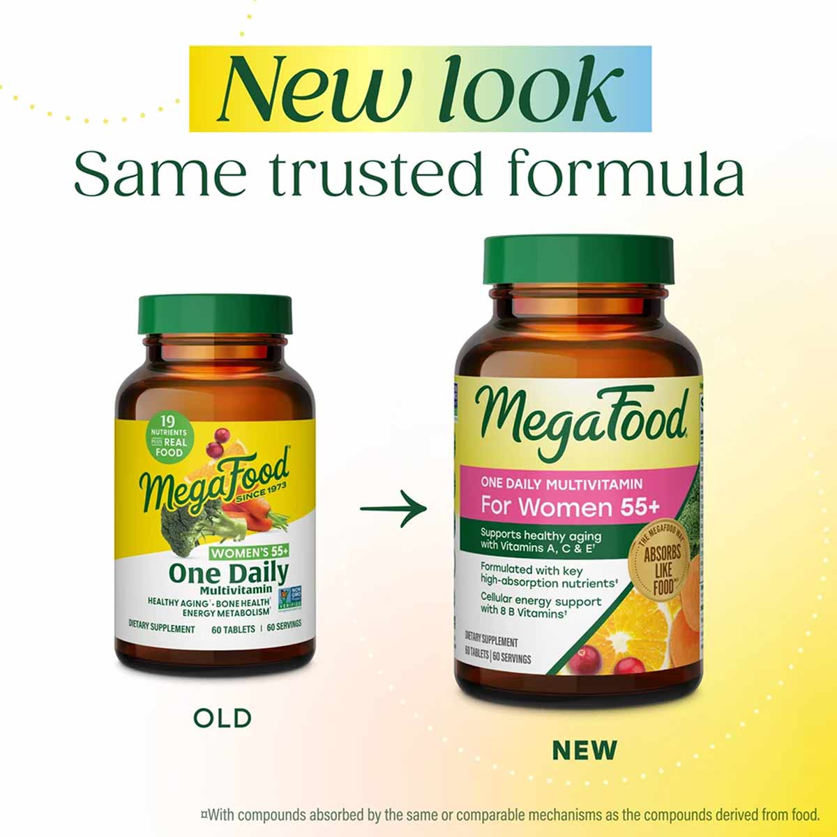 Megafood Women's 55+ One Daily Multivitamin bottle with green cap in amber glass, showing old and new label designs.
