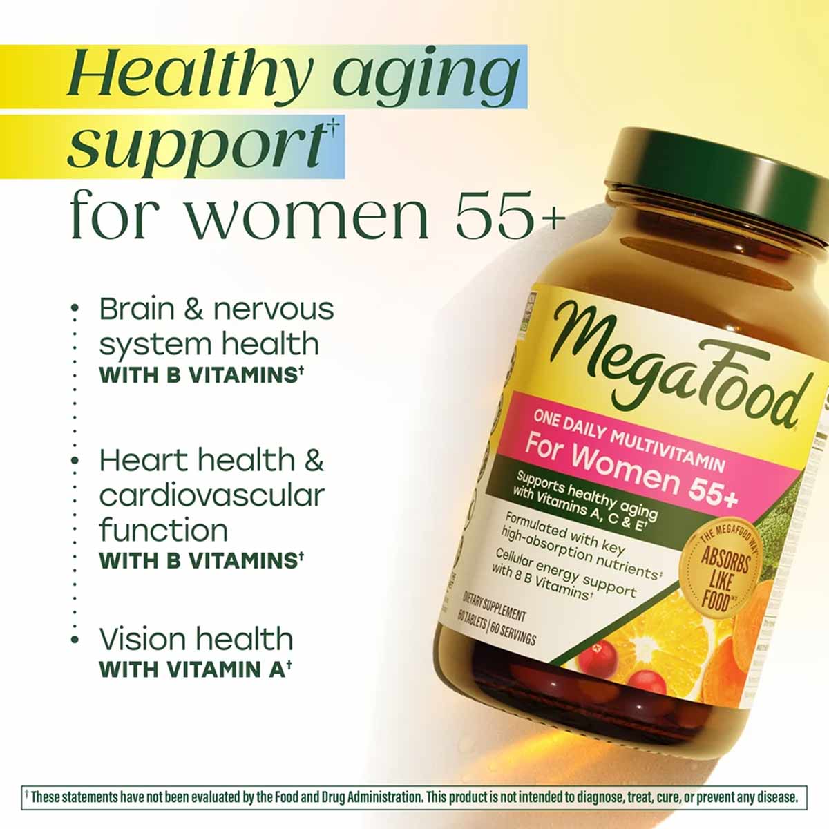 Megafood Women 55+ One Daily Multivitamin bottle with green cap and label showing product benefits on yellow background.