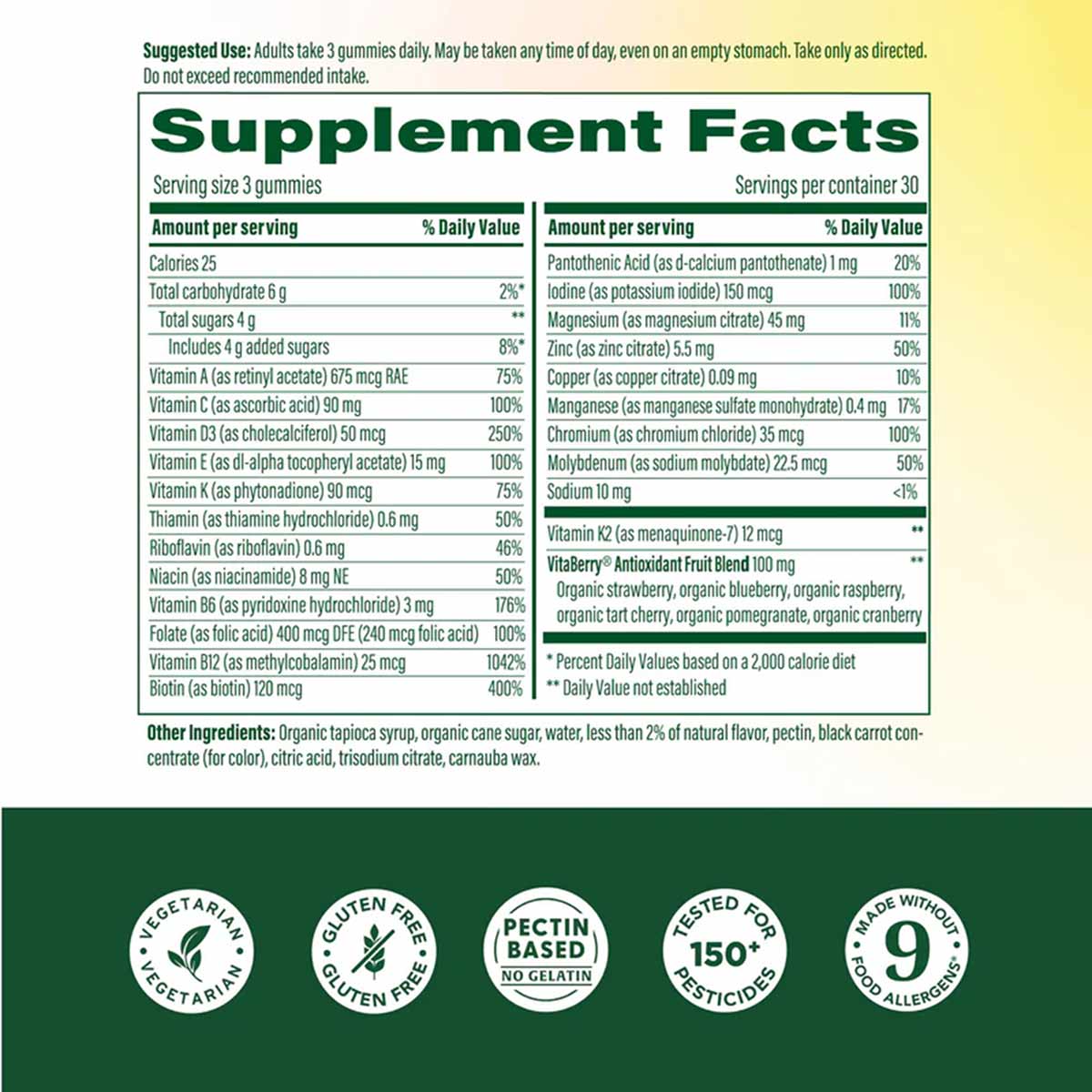 Supplement Facts label for women's multivitamin gummies showing serving size, nutrient amounts, daily values, and ingredient 