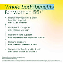 Marketing information sheet for Megafood Women's 55+ Whole Body Multi Gummy listing health benefits and vitamin ingredients.