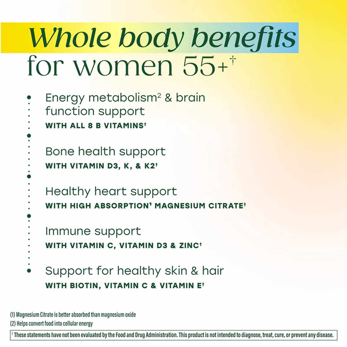 Marketing information sheet for Megafood Women's 55+ Whole Body Multi Gummy listing health benefits and vitamin ingredients.