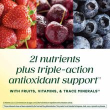 Fresh strawberries, cherries, and blueberries displayed above product information text about nutrients and antioxidant suppor