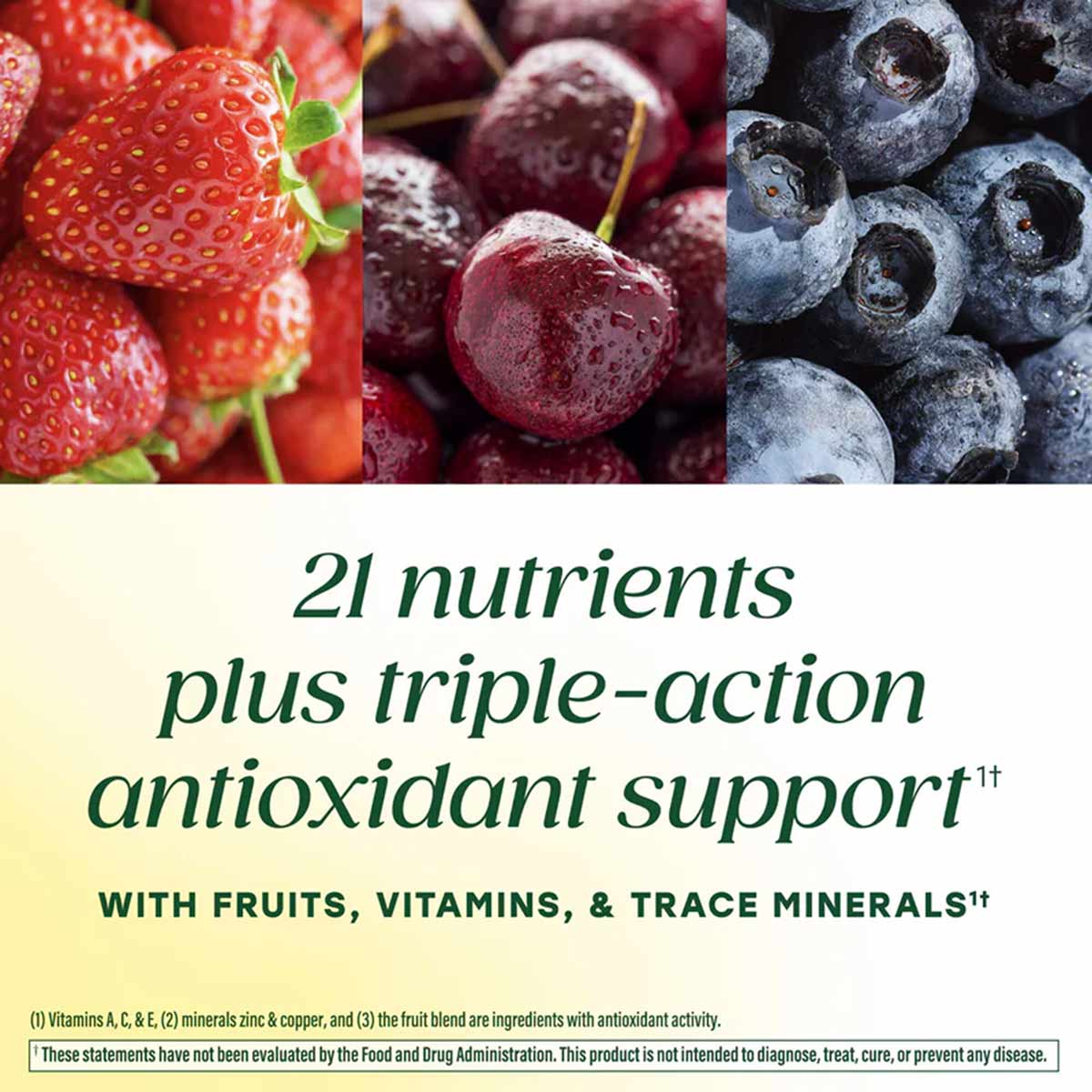 Fresh strawberries, cherries, and blueberries displayed above product information text about nutrients and antioxidant suppor